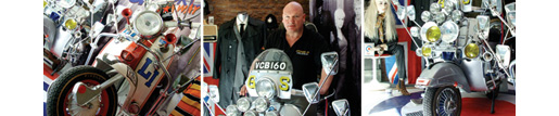 Andy Jones, curator of the Quadrophenia Collection at Littldean Jail sits on the Vespa GS-Rally scooter which was ridden by 'Ace Face', who was played by Sting