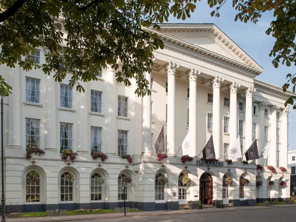 The Queens' Hotel in Cheltenham at the top of Cheltenham's tree-lined Promenade is the epitome of Regency architecture