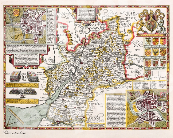 Click to enlarge old map of Gloucestershire by John Speede, c.1610