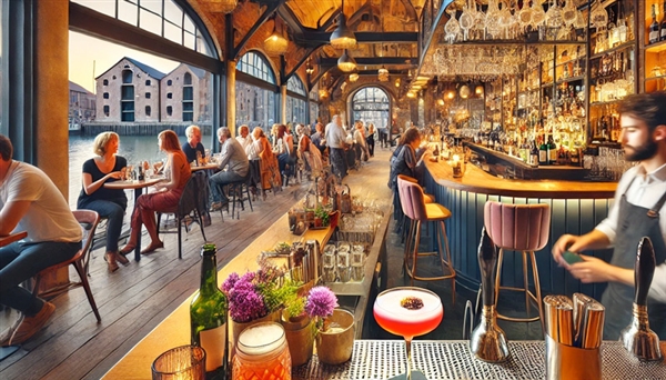 Gloucester Docks nightlife: pubs, wine bars, cocktails, craft beers, atmosphere.