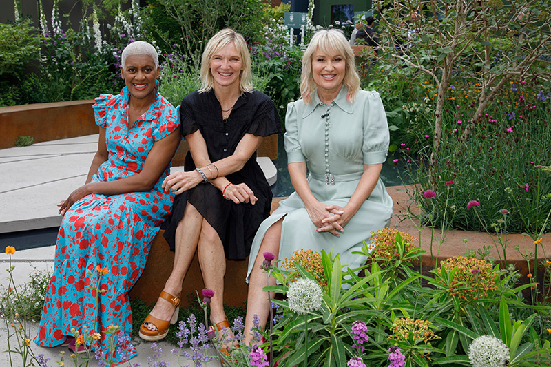 Arit Anderson Jo Whiley and Nicki Chapman at RHS Badminton Flower Show