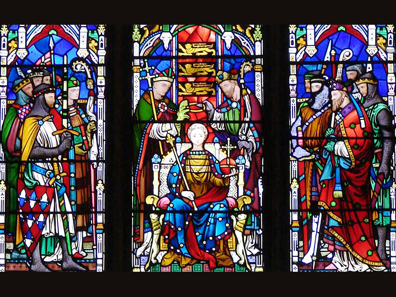 A stained glass window depicting the Coronation of Henry III